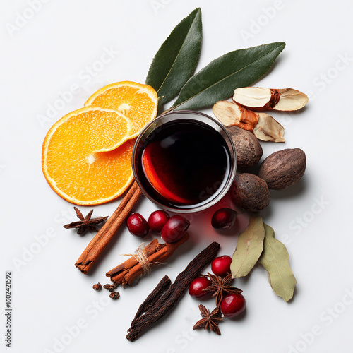 Mulled wine ingredients spread on white background, minimalism