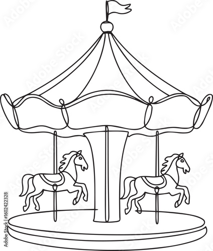 Continuous one line drawing of carousel horse in minimalist vector style, simple line art illustration of toy with editable stroke

