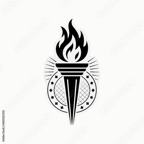 Stylized Torch Illustration with Flames and Radial Burst Design for Symbolism and Graphic Art Applications in Black and White