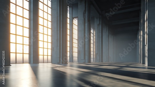 Modern concrete hall with tall columns and glowing windows, embodying minimalist elegance and serene spaciousness