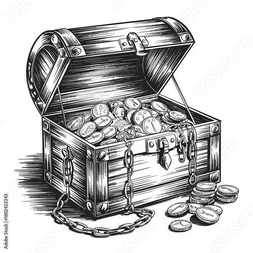 Vintage Treasure Chest Overflowing with Ancient Coins Hand Drawn Illustration for Fantasy and Historical Themes