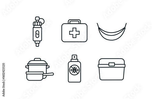 straight perfect out stroke icon mono icons style isolated camping water filter camping first aid kit camping hammock camping cookware camping insect repellent camping cooler bo