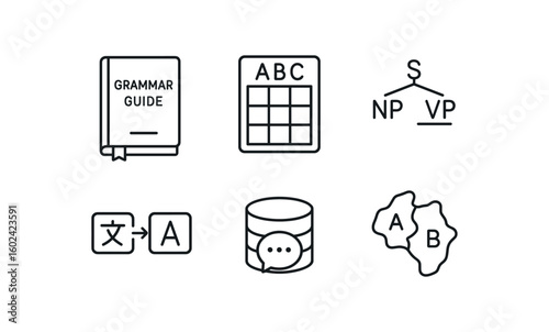 straight perfect out stroke icon mono icons style isolated language grammar guide language phoneme chart language synta tree language translator module language corpus database language