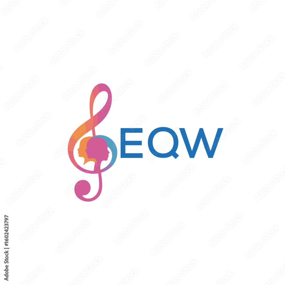 Fototapeta premium EQW “Creative music logo with human silhouettes and treble clef in gradient colors, EQW Later Logo, modern artistic design isolated on white background” 