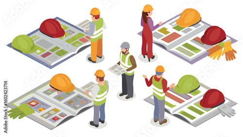 Isometric view of construction workers reviewing plans with hard hats and safety vests displayed on them
