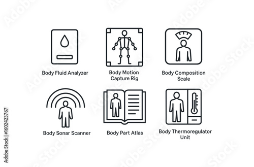 straight perfect out stroke icon mono icons style isolated body fluid analyzer body motion capture rig body composition scale body sonar scanner body part atlas body thermoregulator unit