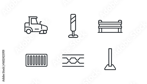 straight perfect out stroke icon mono icons style isolated road asphalt paver road lane marker post road guardrail segment road drainage grate road epansion joint road signpost base