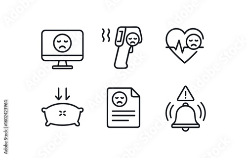 straight perfect out stroke icon mono icons style isolated stress fatigue monitor stress thermal imager stress heart rate monitor stress resilient cushion stress event log stress alarm bell