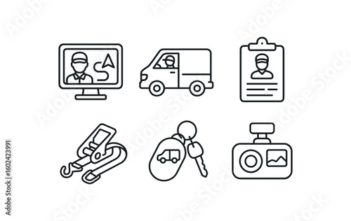 straight perfect out stroke icon mono icons style isolated delivery driver GPS navigator delivery driver van delivery driver route sheet delivery driver cargo strap delivery driver key fob