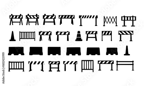 Vector silhouette icon set of various traffic barriers, road dividers, and safety cones.