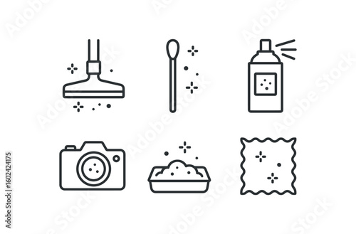 straight perfect out stroke icon mono icons style isolated dust vacuum nozzle dust sampling swab dust cleaner spray dust detection camera dust accumulation tray dust electrostatic cloth