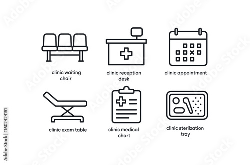 straight perfect out stroke icon mono icons style isolated clinic waiting chair clinic reception desk clinic appointment calendar clinic eam table clinic medical chart clinic sterilization
