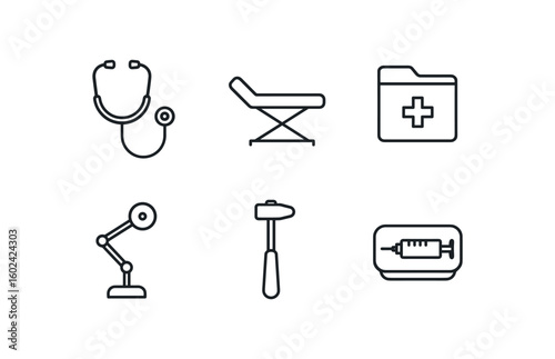 straight perfect out stroke icon mono icons style isolated general practitioner stethoscope general practitioner eamination couch general practitioner patient file folder general