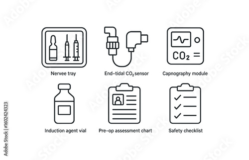 straight perfect out stroke icon mono icons style isolated anesthesiologist nerve block tray anesthesiologist end tidal CO? sensor anesthesiologist capnography module anesthesiologist