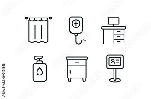 straight perfect out stroke icon mono icons style isolated ward patient cubicle privacy curtain ward nurse call cord unit ward charting station desk ward hand sanitizer dispenser ward