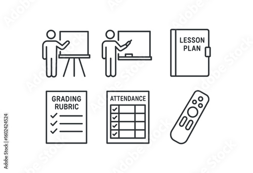 straight perfect out stroke icon mono icons style isolated teacher chalkboard easel teacher whiteboard marker tray teacher lesson plan binder teacher grading bric sheet teacher attendance