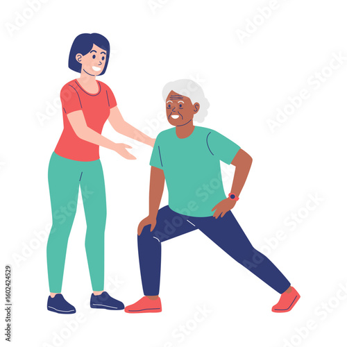 Senior Woman Exercising with Personal Trainer or Caregiver Support