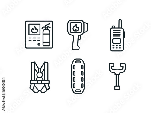 straight perfect out stroke icon mono icons style isolated firefighter fire etinguisher panel firefighter thermal imaging camera firefighter radio handset firefighter safety harness
