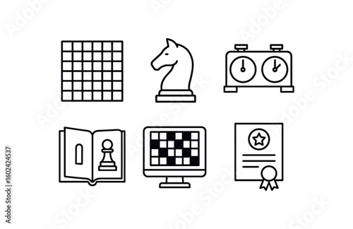 straight perfect out stroke icon mono icons style isolated playing chess board playing chess knight figurine playing chess clock timer playing chess opening book playing chess analysis