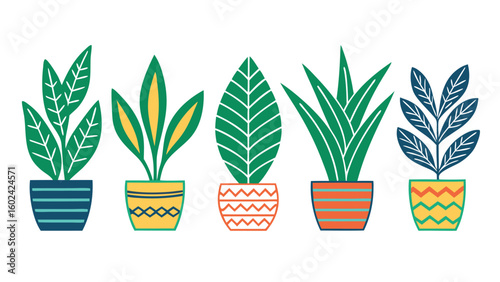Five stylized potted houseplants in green blue and orange