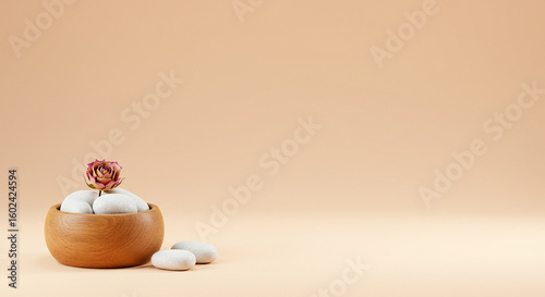 Still life photography of rose and stones in bowl for zen and spa product presentation and background 100