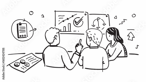 Doodle Line Art of a Business Meeting - Simple outlines of professionals in a conference room, discussing ideas with a whiteboard and presentation.

