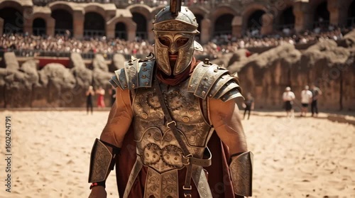 Gladiator warrior in ancient arena wearing full armor standing strong in front of audience during historical battle reenactment