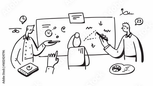 Doodle Line Art of a Business Meeting - Simple outlines of professionals in a conference room, discussing ideas with a whiteboard and presentation.
