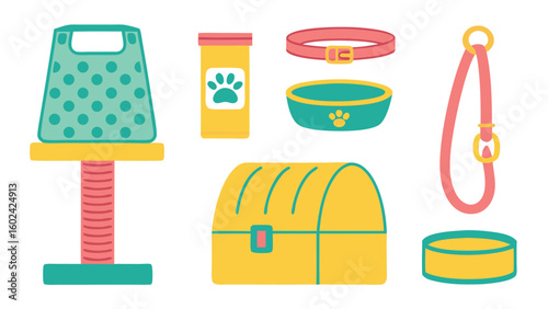 Flat lay of cat accessories in teal pink and yellow