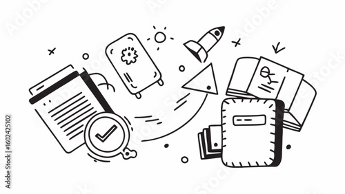Doodle line art of business trip essentials with suitcase, airplane, passport, and briefcase 

