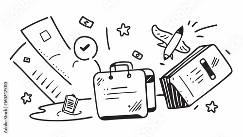 Doodle line art of business trip essentials with suitcase, airplane, passport, and briefcase 

