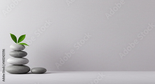 Zen stones balance with green leaves for meditation wellness and spa therapy relaxation background concept