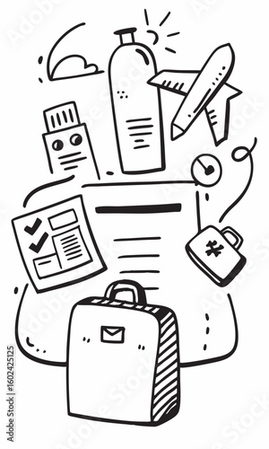 Doodle line art of business trip essentials with suitcase, airplane, passport, and briefcase 

