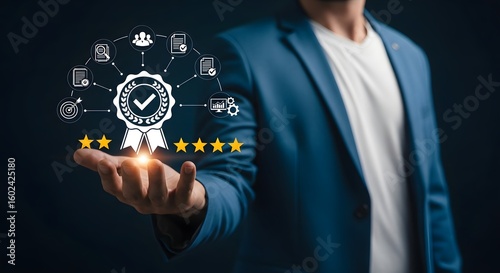 Elevate your brand with stunning quality assurance, a hand holds a quality check mark with five stars for optimal performance and customer satisfaction