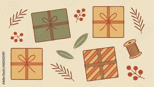 Four gift wrapped packages with festive decorations