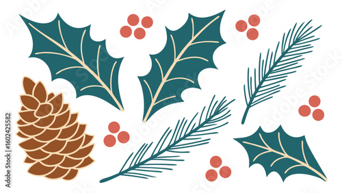 Hand drawn Christmas elements pine cone holly and pine needles