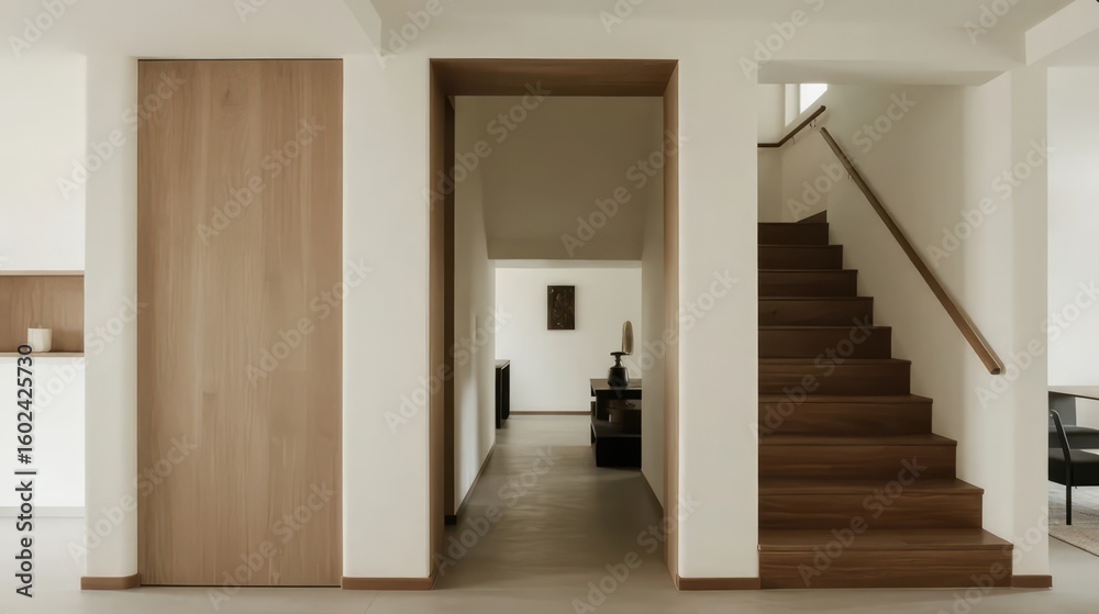 Fototapeta premium A long, empty luxury hotel corridor with wood doors, new walls, and gleaming floors leading to an apartment-like room, showcasing modern architecture and interior design