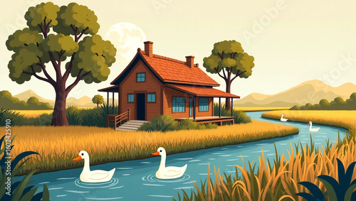 autumn landscape with lake and house