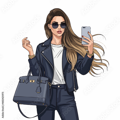 Vector Illustration of Beautiful Woman Taking Selfie with Smartphone