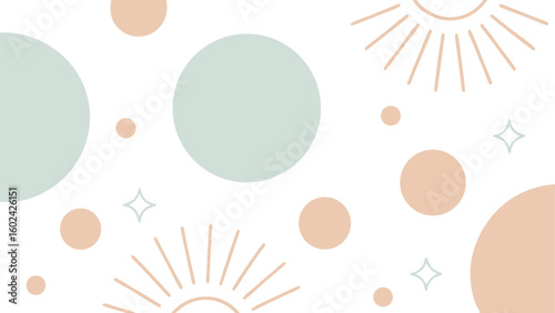 Minimalist abstract composition with peach and teal circles and sunbursts