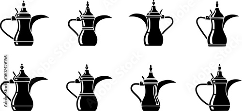 Old arabic teapot icons set. Black silhouettes of dallah coffee pots, showcasing arabian tradition and hospitality