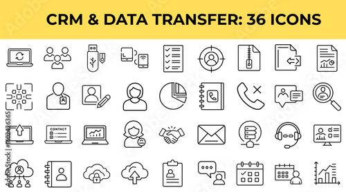 CRM and data transfer icons set on yellow background  