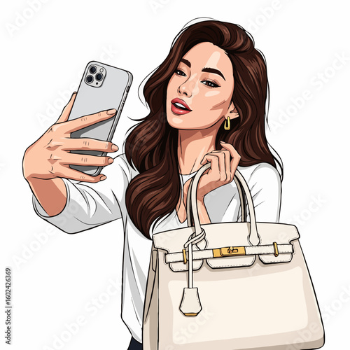 Vector Illustration of Beautiful Woman Taking Selfie with Smartphone