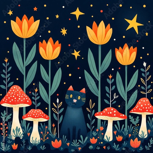 seamless pattern with mushrooms, folk art