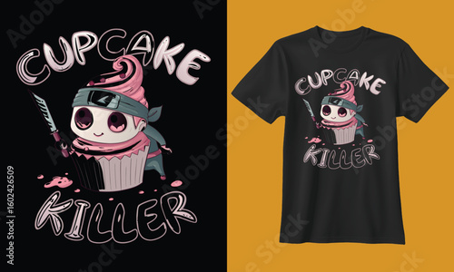 Kawaii anime cupcake character holding a knife with cupcake killer text on black background and t shirt mockup