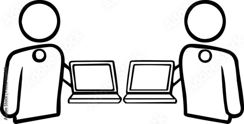 Human and robot working together in vector style with laptops in modern office setting
