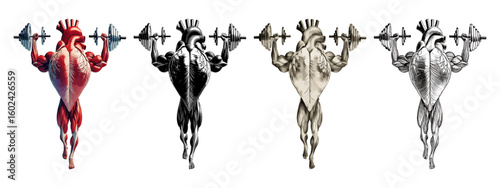 Muscular heart lifting weights, heart bodybuilder powerlifting, muscular organ circulatory system.