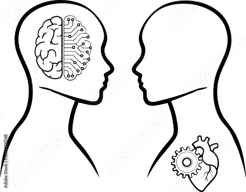 Human and robot working together vector illustration showing brain with circuit and heart with robot gear in profile view