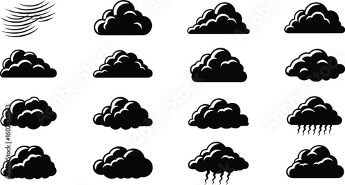 Vector art of various black cloud icons and wind