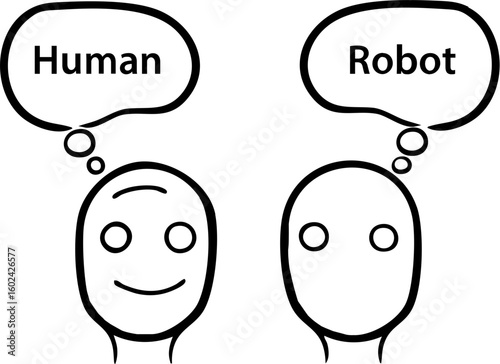 Human and robot working together in vector illustration showing communication and cooperation